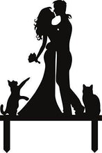 Load image into Gallery viewer, Bride &amp; Groom with 2 Cats | Silhouette Family Cake Topper | Pet Cake Topper
