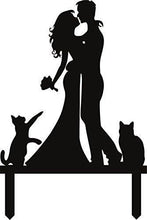 Load image into Gallery viewer, Bride & Groom with 2 Cats | Silhouette Family Cake Topper | Pet Cake Topper