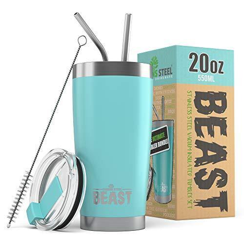 BEAST 20oz Teal Blue Tumbler - Insulated Stainless Steel Coffee Cup with Lid, 2 Straws & Brush by Greens Steel - CHARMERRY
