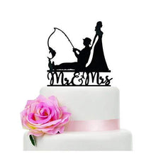 Load image into Gallery viewer, Black Fishing Wedding Cake Topper | Mr. & Mrs. Wedding Cake Topper | Fishing Theme