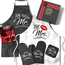 Load image into Gallery viewer, Mr. and Mrs. Aprons with Romantic Recipe Book, Oven Mitts & Pot Holder | Gift Idea for Bridal Shower, Bride, Engagement and Wedding - CHARMERRY