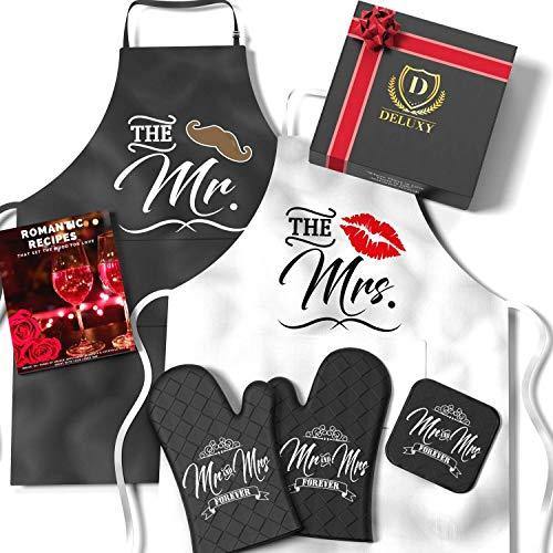 Mr. and Mrs. Aprons with Romantic Recipe Book, Oven Mitts & Pot Holder | Gift Idea for Bridal Shower, Bride, Engagement and Wedding - CHARMERRY