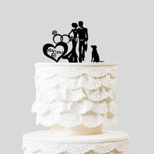 Load image into Gallery viewer, Silhouette Mr. & Mrs. Bride and Groom with Dog | Heart Diamond Ring Cake Topper