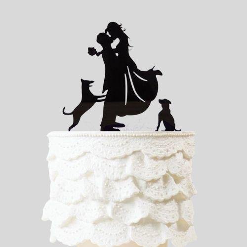 Wedding Cake Topper – Bride & Groom Silhouette With 2 Dogs Customizable Acrylic Topper