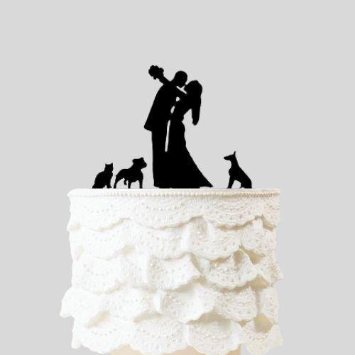 Romantic Wedding Cake Topper 2 Dog & 1 Cat (Kissing Bride and Groom ...