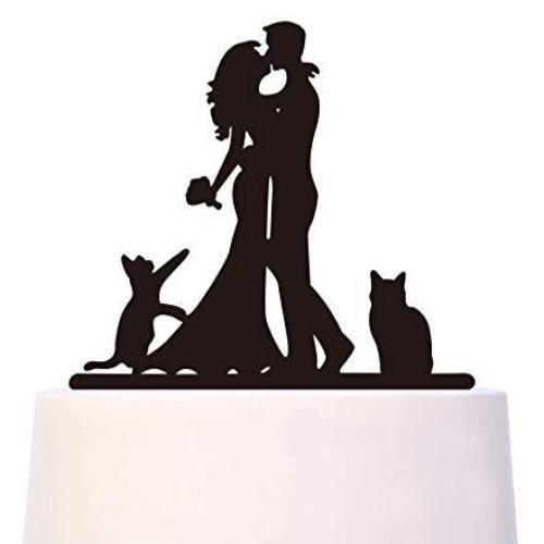 Silhouette Bride and Groom Cake Topper with  Cats | Pet Cake Topper