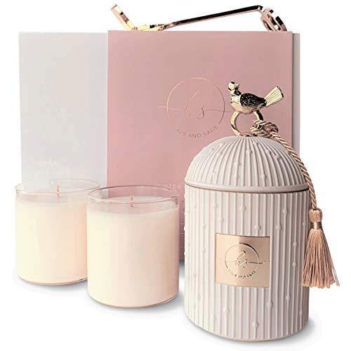 Luxury Candles for Home Scented Candle Gift Set | Candle Holder + 2 Large Soy Candle Refills + Wick Trimmer | Scented Candles Gifts for Women - 4 piece | Fall Candle Centerpieces for Dining Room Table - CHARMERRY