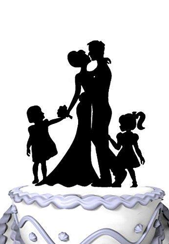 Family Cake Topper Silhouette Bride and Groom Kissing With Two Girls - CHARMERRY