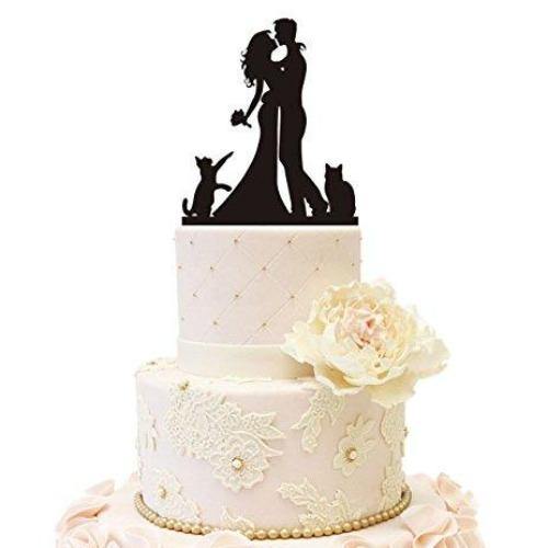 Bride & Groom with 2 Cats | Silhouette Family Cake Topper | Pet Cake Topper