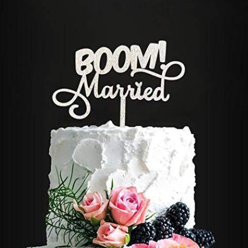 Boom! Married Wedding Cake Topper | Silver Glitter Funny Cake Topper | Quirky, Nerdy Cake Topper