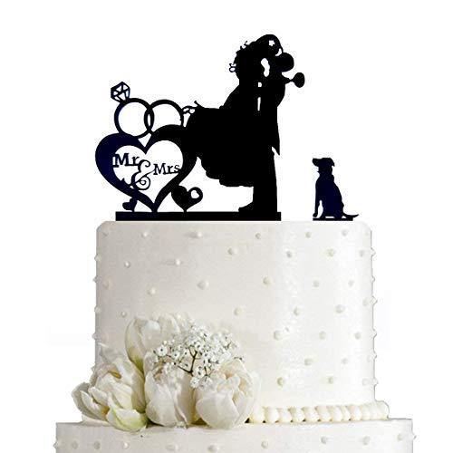 Bride and Groom with Dog  | Silhouette Pet Cake Topper | Wedding Couple Kissing