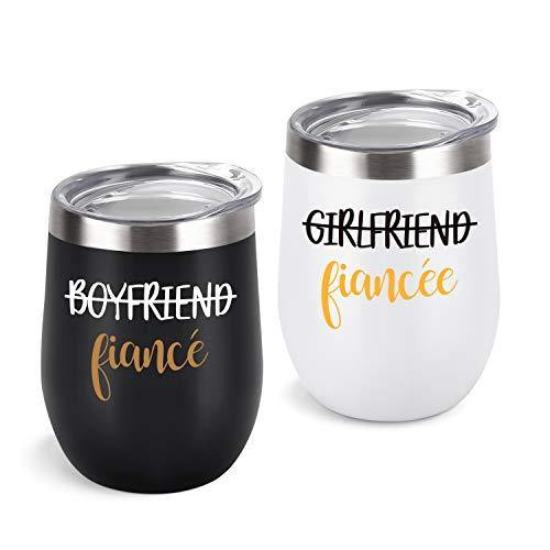 Couple Stainless Steel Wine Tumbler With Lid Set of 2 | Black and White | Gift Idea for Engagement, Fiancé - CHARMERRY
