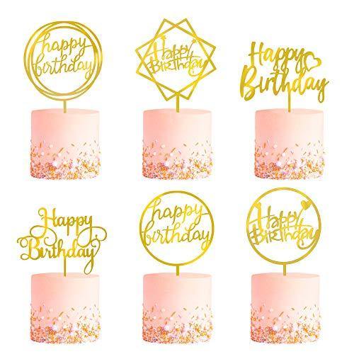6-Pack Gold Birthday Cake Topper Set, Double-Sided Glitter, Acrylic Happy Birthday Cake Toppers /Cupcake Toppers, Birthday Decorations for Children or Adults. - CHARMERRY