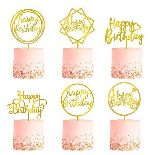 6-Pack Gold Birthday Cake Topper Set, Double-Sided Glitter, Acrylic Happy Birthday Cake Toppers /Cupcake Toppers, Birthday Decorations for Children or Adults. - CHARMERRY
