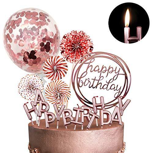 Rose Gold Cake Topper Decoration | Happy Birthday Candles, Banner, Confetti