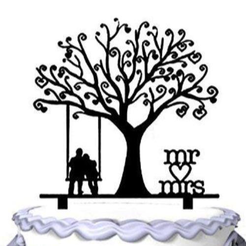 Groom and Bride Together Under the Tree Silhouette  | Wedding Cake Topper with Script