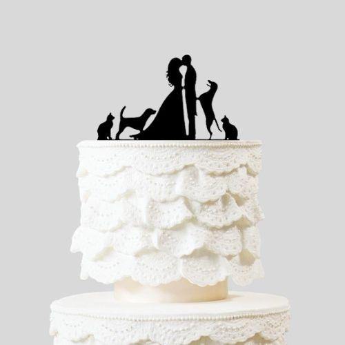 Kissing Lovers Bride and Groom Wedding Cake Topper | Silhouette Topper Two Dogs & Cats