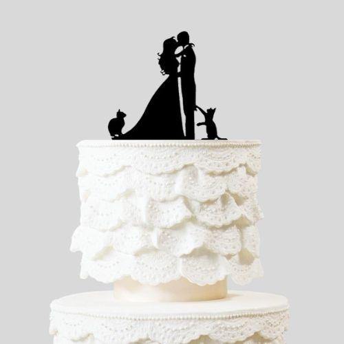 Silhouette Wedding Cake Topper with Two Pet Cats 