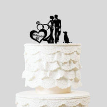 Load image into Gallery viewer, Silhouette Mr. &amp; Mrs. Bride and Groom with Dog | Heart Diamond Ring Cake Topper
