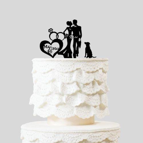 Silhouette Mr. & Mrs. Bride and Groom with Dog | Heart Diamond Ring Cake Topper