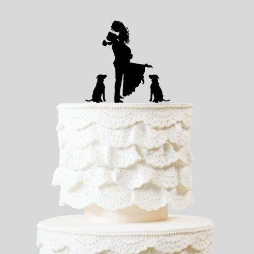 Wedding Cake Topper with Bride & Groom Holding Flowers (Pet Cake Topper with Dogs)