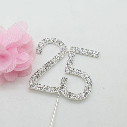 25 Number Crystal Rhinestone /25th Anniversary Cake Topper (FAUX Diamond /Silver Diamante) - CHARMERRY